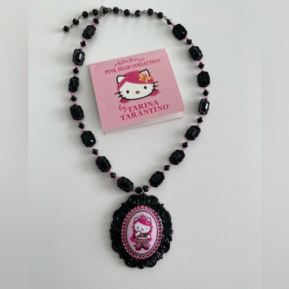 Tarina Tarantino Hello Kitty Cameo Black Beaded Necklace Pink Head Collection